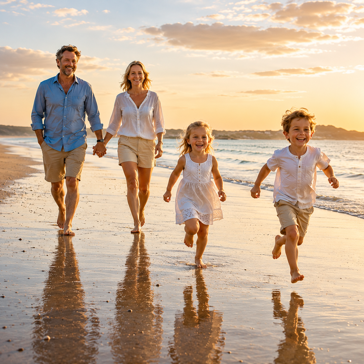 A happy family running together on a beach at sunset